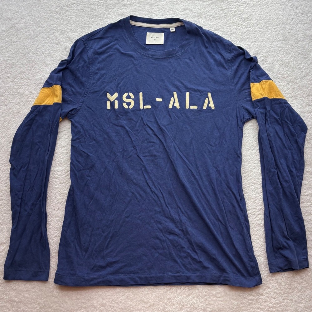 Billy Reid Mens MSL-ALA Embroidered Long Sleeve Tee Navy Blue Yellow Size M